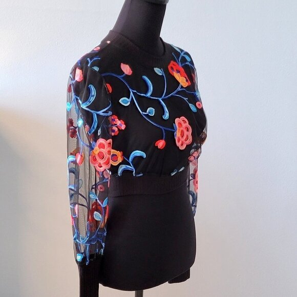 NEW COSMOPOLITAN x DRESS THE POPULATION MESH FLORAL BLACK LONG SLEEVE CROP TOP - Picture 7 of 15